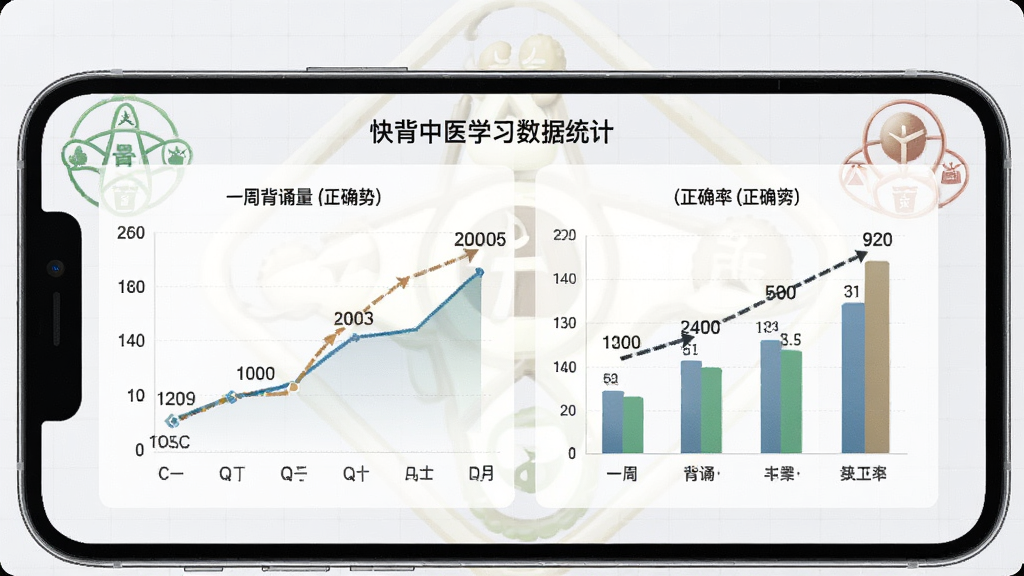 快背中医学习数据统计页,手机屏幕显示折线图与柱状图,展示一周背诵量和正确率变化,背景是淡灰色网格与中医五行元素点缀,风格商务简洁,细节包括数据标签和趋势线,画质高清,干净,无多余元素