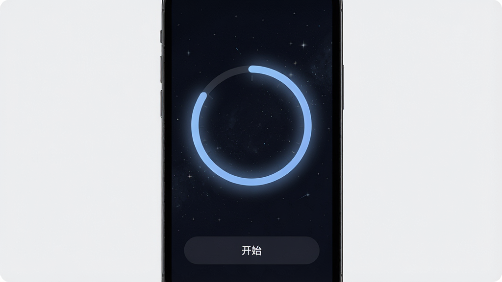 一张展示零秒专注APP深色模式界面的图片,画面主体是手机屏幕,显示深色背景下的计时圆环,圆环为柔和的蓝色光晕,屏幕下方有“开始”按钮,布局简洁,风格科技极简,细节上背景有微弱的星空纹理,画质清晰,干净无多余元素