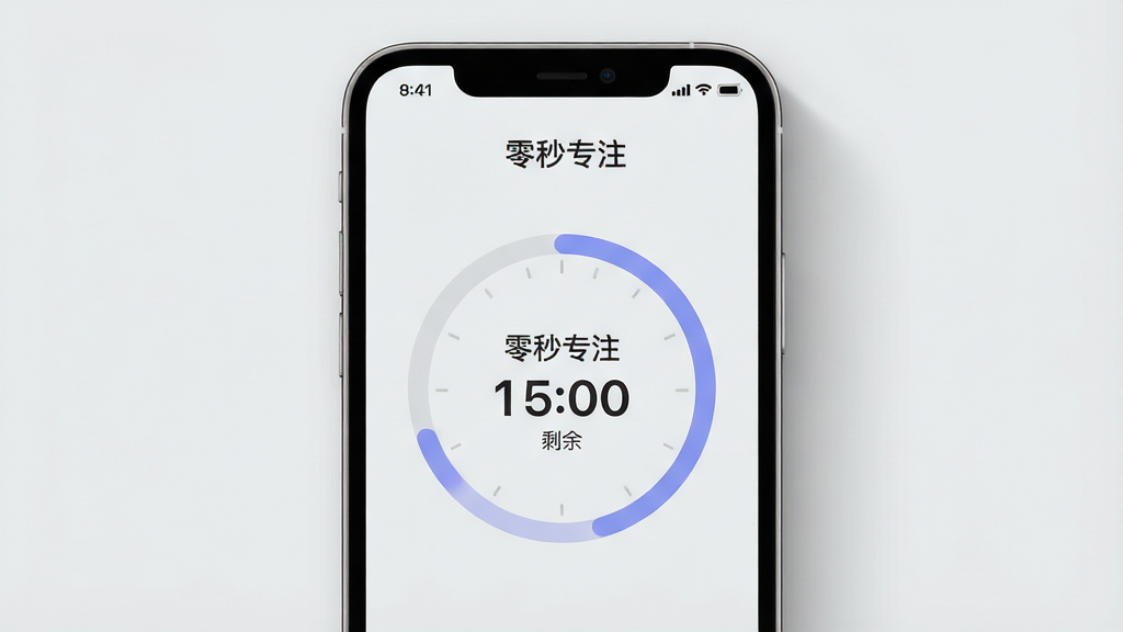 一张极简风格的手机应用界面展示图,画面中央是手机屏幕,屏幕内显示零秒专注APP的主界面,一个大大的圆形倒计时进度条占据中心,背景为纯净的浅灰色,界面文字显示“零秒专注”与剩余时间,布局采用居中对称排版,风格极简现代,细节上屏幕边缘有柔和的阴影,画质高清,干净无多余元素