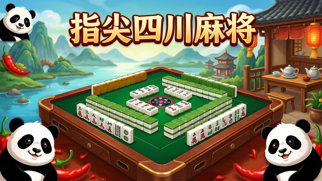 一幅展示指尖四川麻将游戏主界面的宣传图,画面中央是精美的麻将牌桌,背景融入四川山水与茶馆元素,四周点缀熊猫和辣椒图案,整体风格喜庆热闹,画质清晰明亮,画面中带有“指尖四川麻将”字样,干净整洁,无多余元素