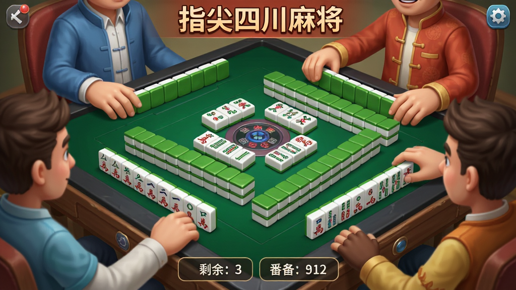 一幅展示指尖四川麻将游戏对局界面的图片,画面中四名玩家围坐麻将桌,桌面上摆放着条筒万三种花色麻将牌,界面清晰显示剩余牌数和番型提示,风格卡通写实,带有“指尖四川麻将”文字,画质细腻,布局规整,干净无杂乱