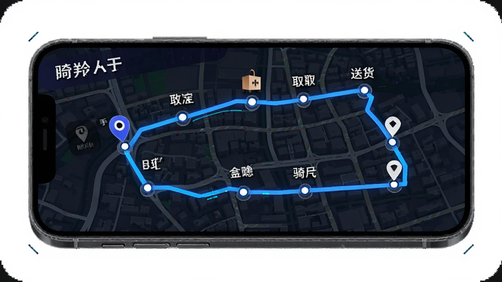 手机屏幕展示盼羚骑士APP的智能路线规划页面,画面中显示一条从骑手位置出发经过多个取货点和送货点的路线图,路线用蓝色线条标注,背景是城市地图,风格科技感强,细节清晰,画质干净,无多余元素