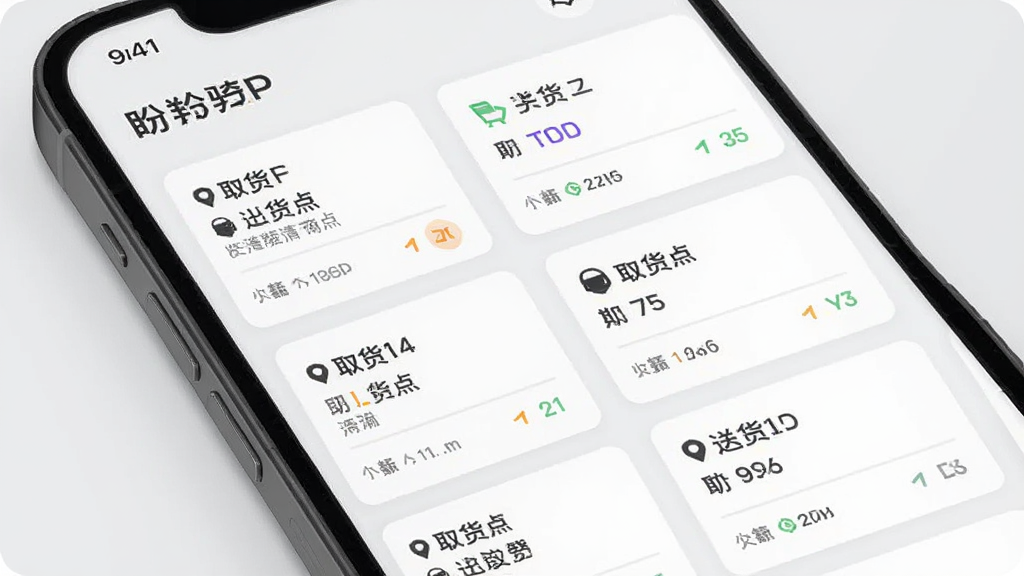 一部智能手机屏幕显示盼羚骑士APP的多平台订单聚合界面,画面中有多个订单卡片整齐排列,每个卡片标注了取货点和送货点,界面配色清爽,背景为浅灰色,风格简约商务,细节清晰,画质干净,无多余元素