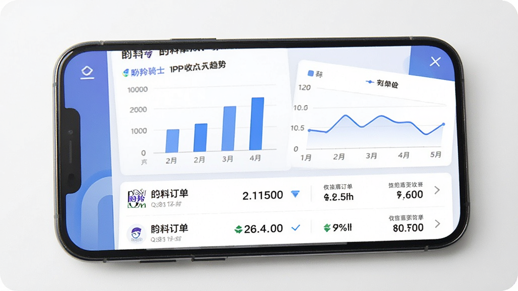 手机屏幕展示盼羚骑士APP的收入统计页面,画面中有柱状图和折线图展示收入趋势,下方列出每笔订单的收入明细,界面配色以白色和蓝色为主,风格清新简洁,细节清晰,画质干净,无多余元素