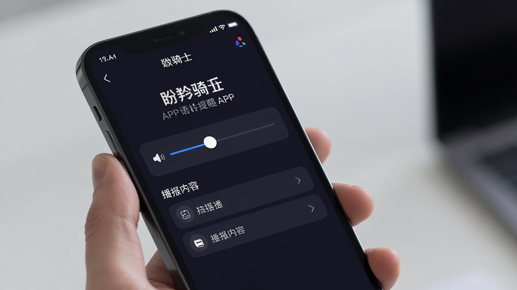 手机屏幕展示盼羚骑士APP的语音提醒设置页面,画面中有音量调节滑块和播报内容选项,背景为深色模式,风格沉稳,细节清晰,画质干净,无多余元素