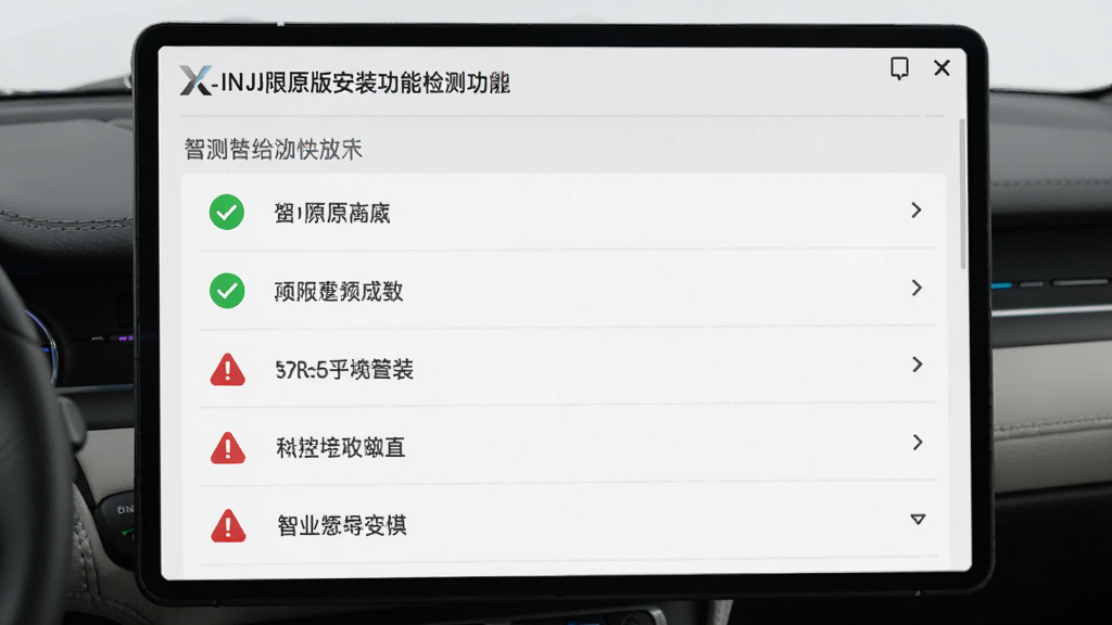一张展示驾驶X无限原版安装器智能环境检测功能的图片,主体为检测结果界面,布局为列表式,排版清晰,风格简洁科技感,细节包含绿色对勾图标和红色警告图标,画质清晰干净,无多余元素。