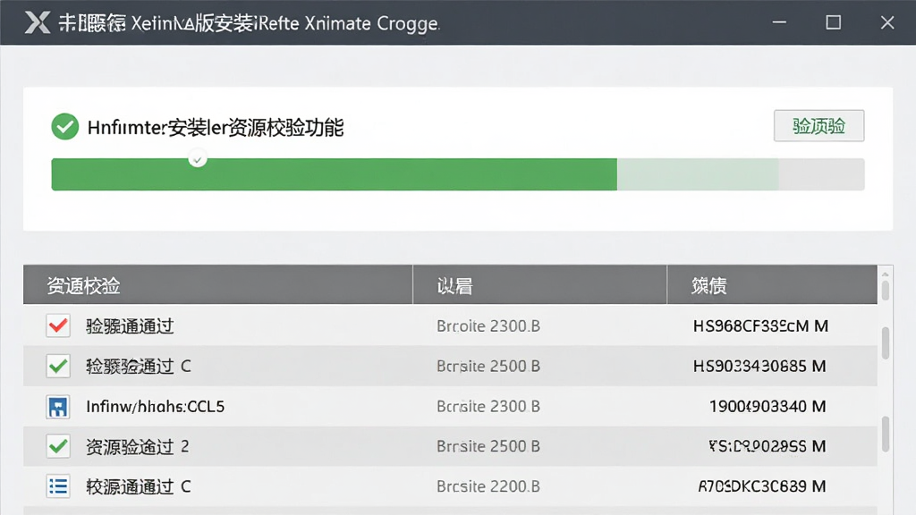 一张展示驾驶X无限原版安装器资源校验功能的图片,主体为校验进度和文件列表,布局为上下结构,排版工整,风格商务简约,细节包含校验通过标识和文件哈希值,画质清晰干净,无多余元素。