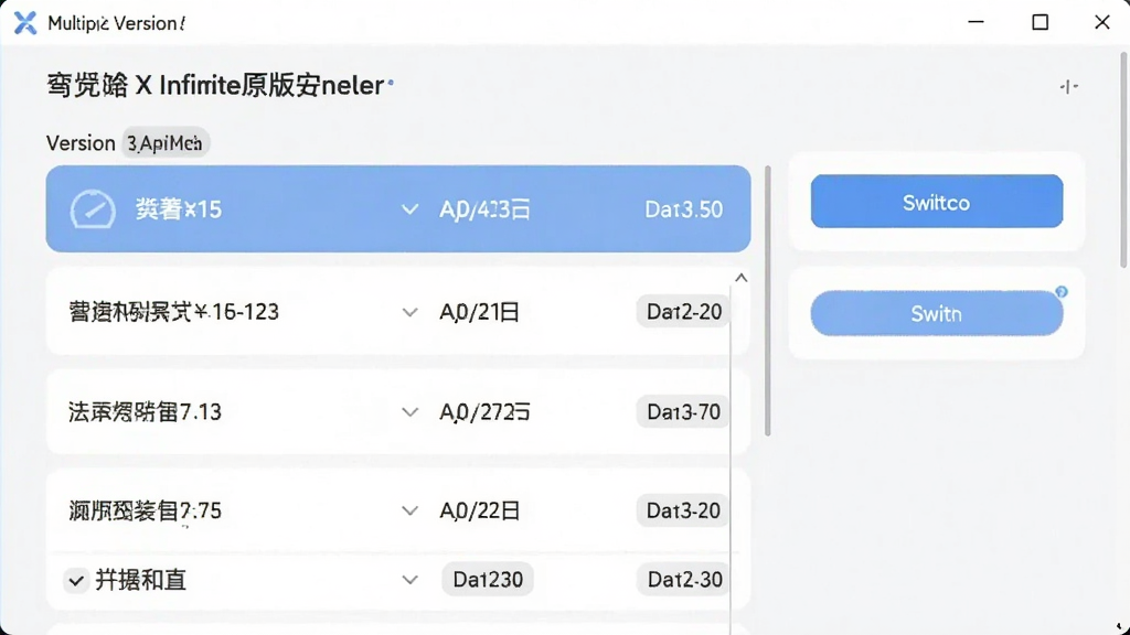 一张展示驾驶X无限原版安装器多版本管理界面的图片,主体为版本列表和切换按钮,布局为卡片式排列,排版清晰,风格现代简约,细节包含版本号和日期标签,画质清晰干净,无多余元素。