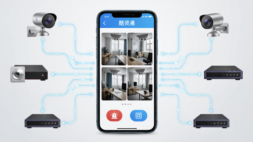 画面中央是一部智能手机,手机屏幕显示“酷灵通”视频监控界面,屏幕上分布着四个摄像头实时画面窗口,画面下方有报警图标与回放按钮。手机周围环绕着网络摄像头、硬盘录像机等设备图标,以浅蓝色科技感线条连接。背景为干净的浅灰色渐变,整体风格简洁现代,细节清晰,画质高清,无多余元素,适合软件下载站配图。