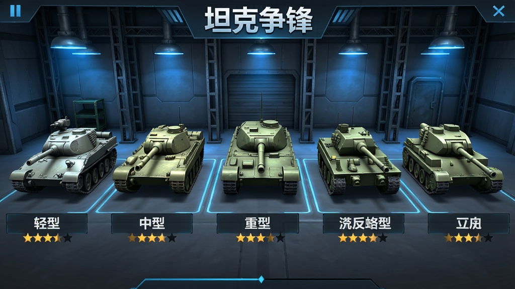 一张展示坦克争锋游戏内坦克选择界面的图片,画面中整齐排列着五辆不同型号的坦克,从左到右依次为轻型坦克、中型坦克、重型坦克、自行反坦克炮和自行火炮,每辆坦克下方有名称标签和星级评分,背景是虚拟车库场景,有金属支架和蓝色氛围灯光,画面顶部有