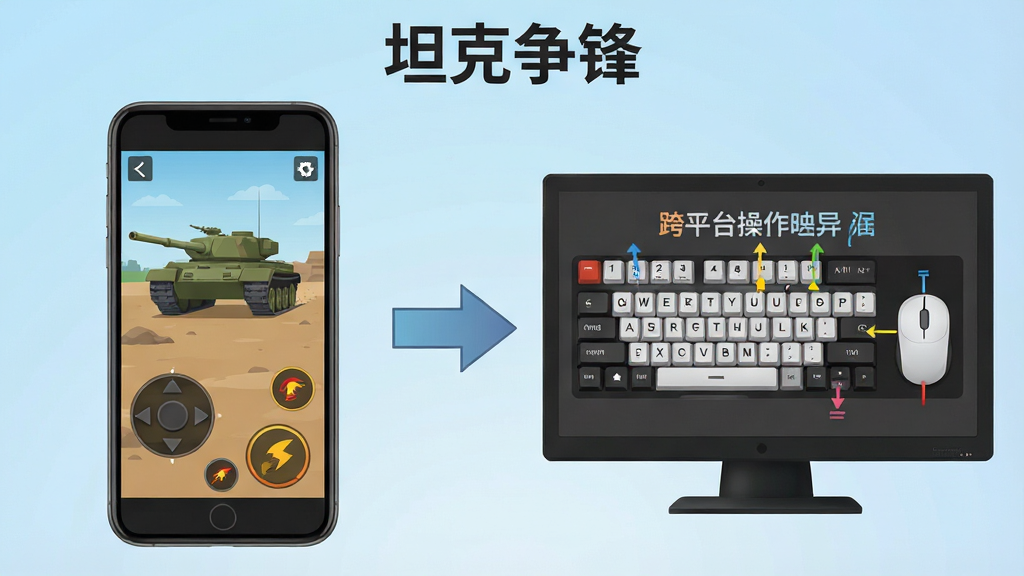 一张坦克争锋新手教学场景的示意图,画面分为左右两部分,左侧是手机屏幕显示游戏操作界面,有虚拟摇杆和开火按钮,右侧是电脑模拟器界面显示键盘鼠标映射提示,中间用箭头连接表示跨平台操作差异,背景为淡蓝色渐变,画面顶部有