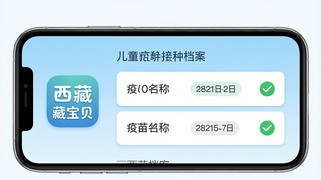 手机界面展示儿童疫苗接种电子档案列表,左侧为