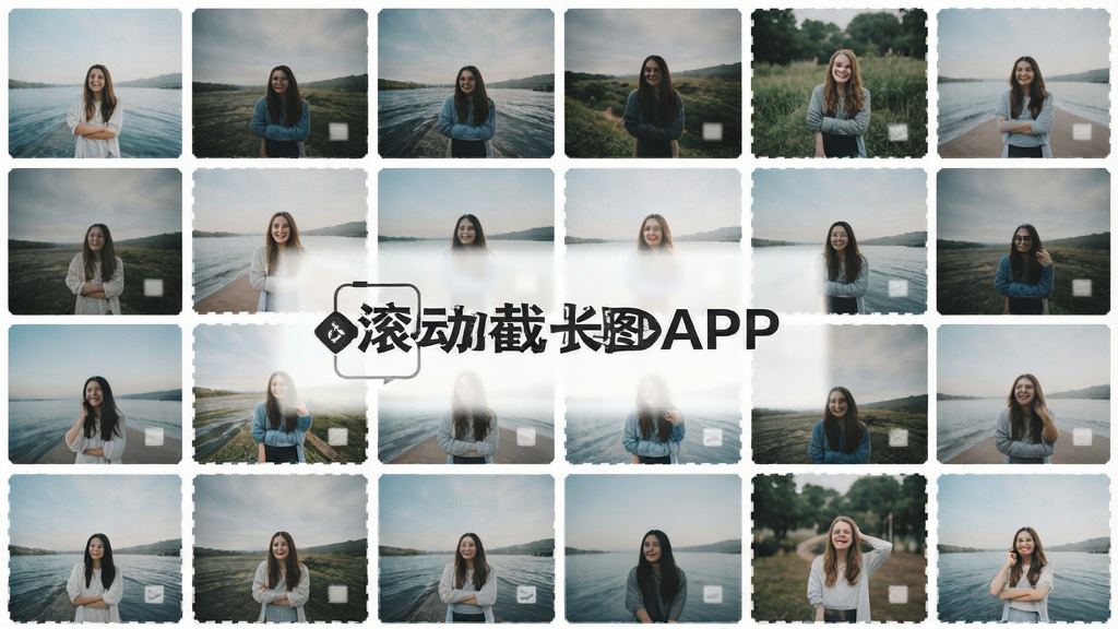 一张展示多张图片自动拼接成长图的界面,主体为图片排列组合,布局为网格状,排版整齐,风格为清新简约,细节包括图片边框和“滚动截长图APP”的文字标识,画质高清,干净,无多余元素