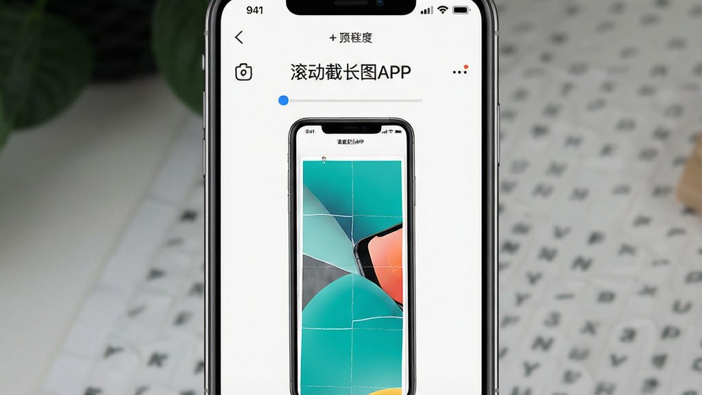 一张展示智能手机屏幕的图片,屏幕上显示着滚动截长图APP的界面,界面中包含正在拼接的长截图预览,主体为手机与长图,布局居中,排版简洁,风格为现代科技感,细节包括清晰的文字“滚动截长图APP”和拼接进度条,画质高清,干净,无多余元素