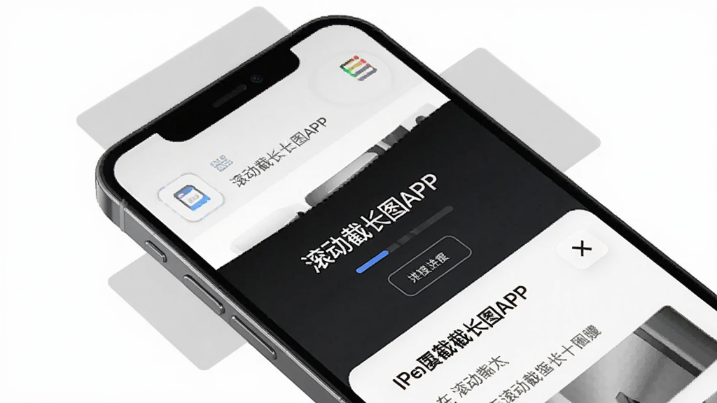 一部手机正在显示自动滚动的网页,屏幕边缘有半透明的拼接引导线,主体为手机与滚动网页,布局为对角线构图,排版动态,风格为简约科技风,细节包括网页内容“滚动截长图APP”和拼接进度提示,画质清晰,干净,无多余元素
