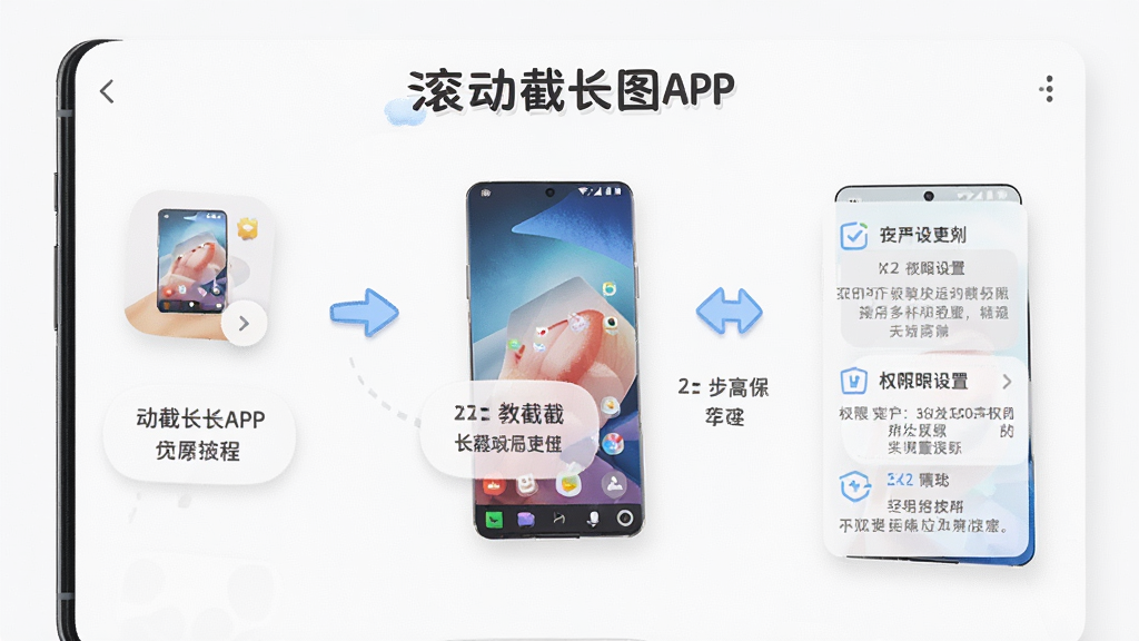 一部手机显示滚动截长图APP的使用教程界面,有步骤指引和权限设置提示,主体为教程页面,布局为分步图示,排版清晰,风格为友好引导式,细节包括“滚动截长图APP”的文字和箭头指示,画质高清,干净,无多余元素