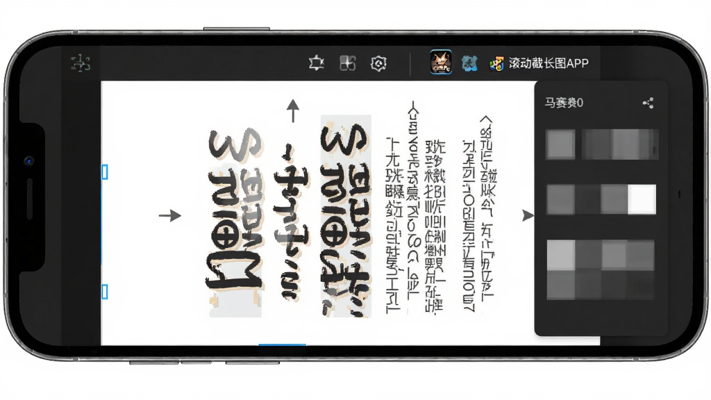 一部手机屏幕上显示长图编辑界面,有文字、箭头和马赛克工具面板,主体为编辑中的长图,布局为上下结构,排版清晰,风格为扁平化设计,细节包括“滚动截长图APP”的工具栏图标,画质高清,干净,无多余元素