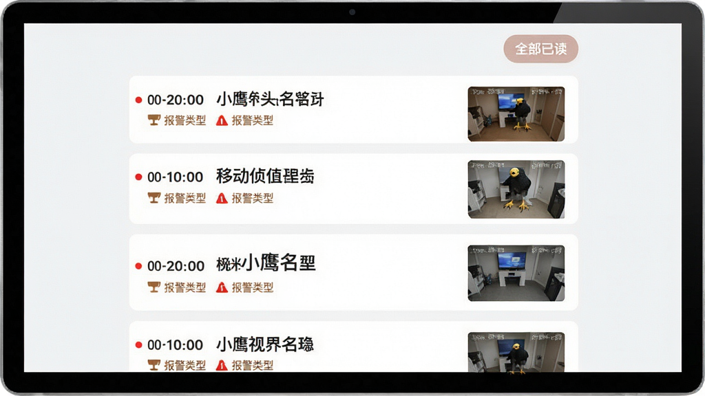 小鹰视界软件报警消息列表界面图,画面中显示多条移动侦测报警记录,每条记录包含时间、摄像头名称和缩略图,顶部有全部已读按钮,布局为垂直列表,风格为浅色卡片式设计,细节包括红色未读圆点标记、报警类型图标,画质高清,干净,无多余元素