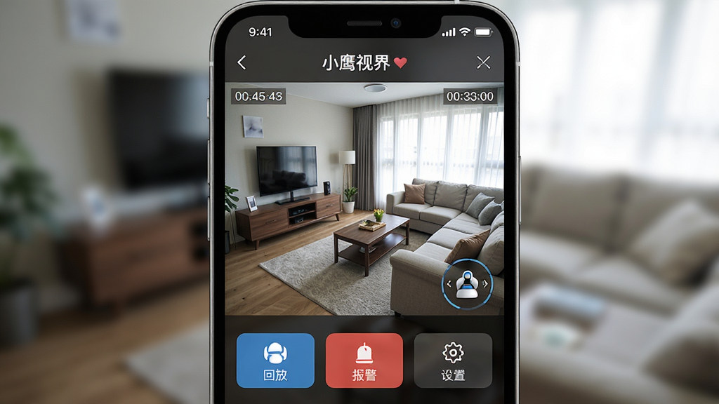 一张手机屏幕展示小鹰视界软件监控画面的效果图,画面中央是客厅实时监控场景,画面下方排列着回放、报警、设置等功能按钮,整体布局为竖版手机界面,风格简洁现代科技感,细节包括清晰的画质、时间戳水印、云台控制图标,画质高清,干净,无多余元素
