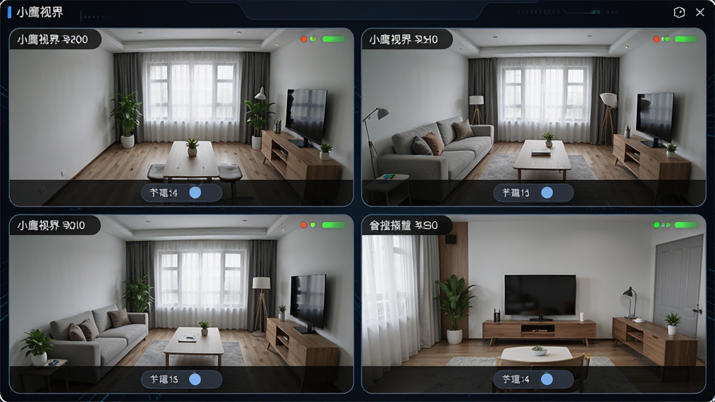小鹰视界软件多画面监控界面展示图,画面中同时显示四个不同房间的监控画面,布局为2x2网格排列,每个画面左上角标注摄像头名称,底部有清晰度切换按钮,整体风格为深色背景科技风,细节包括画面边缘的圆角处理、状态指示灯,画质高清,干净,无多余元素
