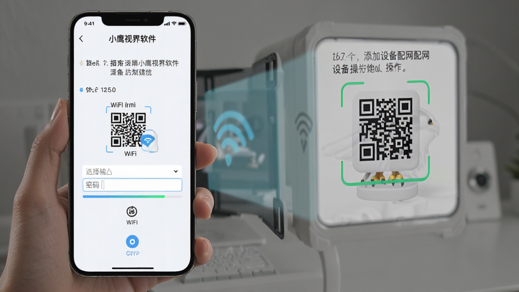 小鹰视界软件添加设备配网操作界面图,画面中展示手机扫描摄像头二维码的场景,界面包含WiFi选择下拉框与密码输入框,布局为上下结构,风格为浅色简洁引导页,细节包括步骤提示文字、进度条、设备图标,画质高清,干净,无多余元素