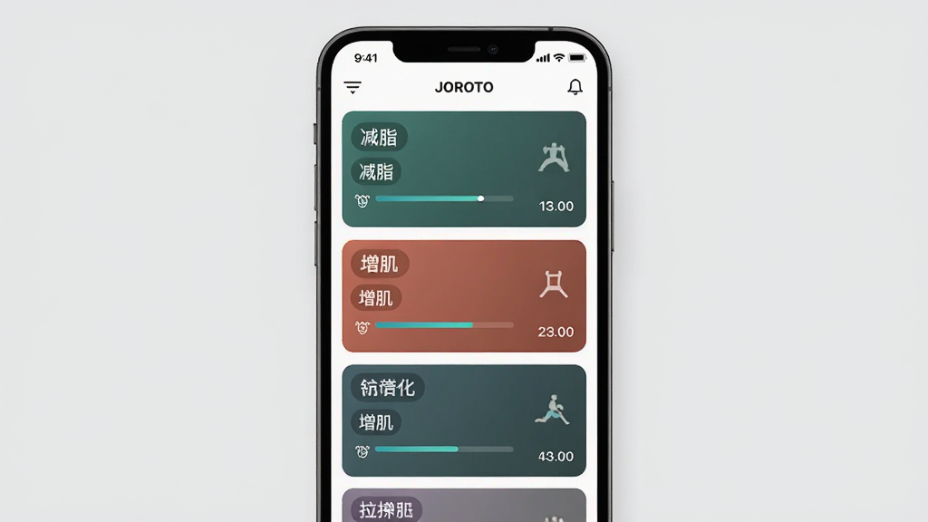 一张展示JOROTO应用内个性化训练计划界面的图片,画面中央是手机屏幕,屏幕上显示训练课程卡片列表,包括减脂、增肌、拉伸等标签,卡片带有进度条和时长标注,背景为浅灰色,风格简约现代,细节清晰,画质干净,无多余元素