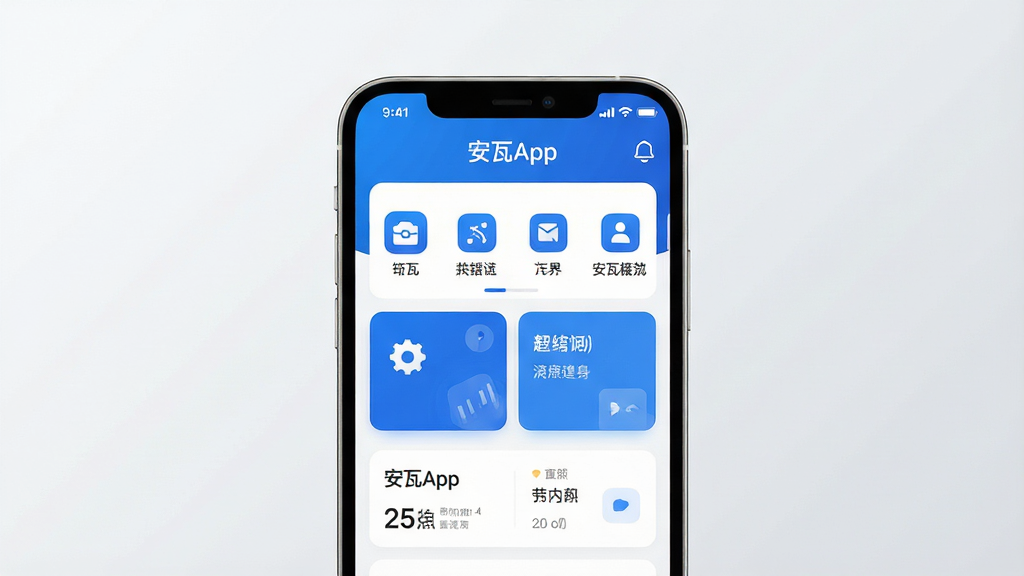 安瓦App主界面展示图,画面中央为手机屏幕,屏幕内显示安瓦App的简洁首页布局,顶部有软件名称“安瓦App”字样,界面以蓝白配色为主,包含功能图标与卡片式信息模块,背景为干净的浅灰色渐变,风格现代科技感,细节清晰,画质高清,无多余元素