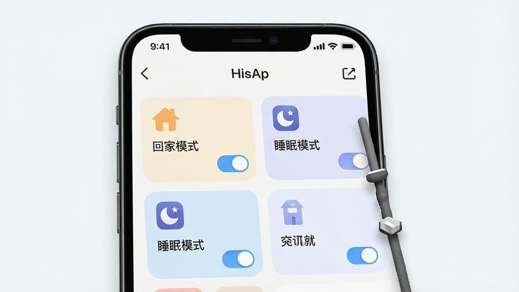 安瓦App场景定制界面图,画面展示手机屏幕内“安瓦App”的场景编辑页面,包含多个场景卡片如“回家模式”“睡眠模式”,每个卡片配有图标与开关按钮,布局整齐,风格清新浅色,细节有拖拽排序示意,画质高清,背景干净,无多余元素
