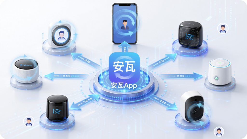 安瓦App多设备协同示意图,画面中央为“安瓦App”图标,周围环绕三部手机与多个智能设备,箭头表示数据同步,布局呈放射状,风格科技感强,细节有同步旋转箭头与用户头像小图标,画质高清,背景干净,无多余元素