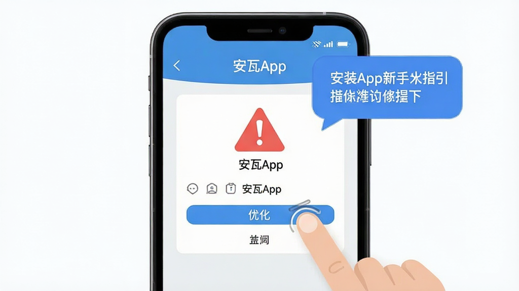 安瓦App新手操作指引图,画面为手机屏幕显示“安瓦App”的安装权限设置界面,带有红色警示图标与蓝色优化提示气泡,布局上下结构,风格扁平化教程风,细节有手指点击示意,画质清晰,背景干净,无多余元素