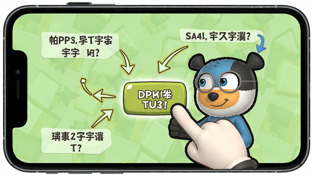 一张帕奇宇宙新手操作指引界面的生图,画面主体是手机屏幕中显示一个帕奇角色用手指向屏幕上的操作按钮,周围有箭头和文字标注提示步骤,布局采用引导式排版,风格为友好卡通,细节上按钮高亮、文字清晰,背景为浅绿色,画质高清,画面干净,无多余元素