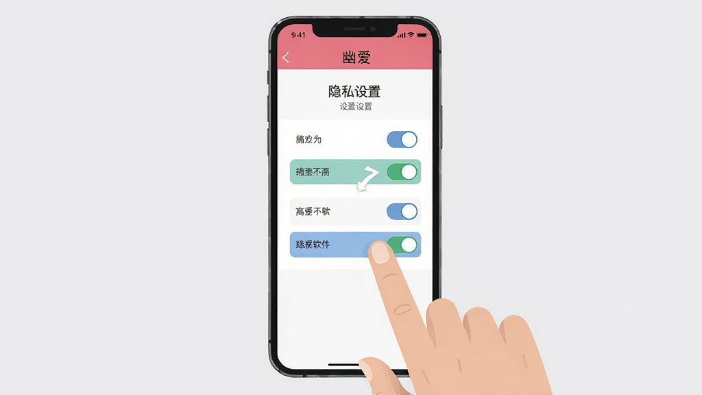 幽爱软件新手设置引导图,画面展示一部手机屏幕显示幽爱的隐私设置页面,页面中有多个开关按钮,一只手正点击其中一个开关,背景为简洁的浅灰色,布局突出操作指引,风格扁平化,细节清晰,画质干净,无多余元素。