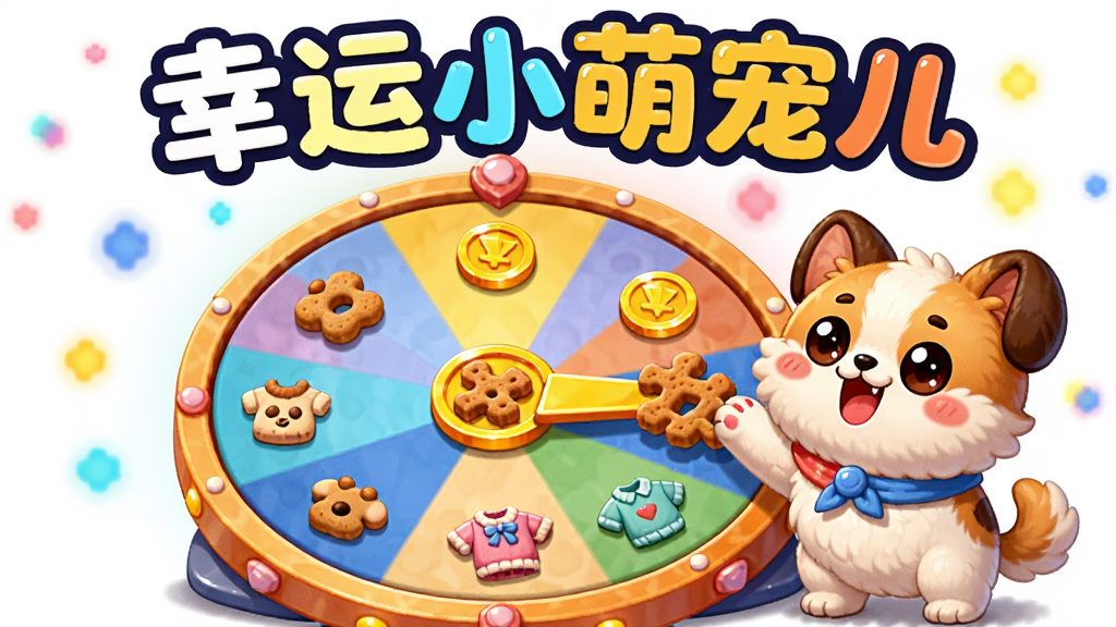 主体是一个圆形幸运转盘,转盘上分布着宠物零食、金币、小衣服等图标,一只萌宠站在转盘旁边;布局以转盘为中心,四周有彩色光点;排版上方写“幸运小萌宠儿”标题;风格为明亮卡通风格;细节上转盘指针指向宠物零食,萌宠露出期待表情;画质高清、干净、无多余元素