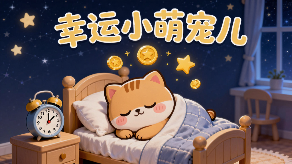 主体是一只卡通萌宠躺在小床上睡觉,头顶漂浮着金币和星星,旁边有一个闹钟显示时间;布局采用居中构图,背景是夜晚星空;排版上方写“幸运小萌宠儿”标题;风格为温馨睡前插画风;细节上萌宠盖着小被子,表情安详;画质高清、干净、无多余元素