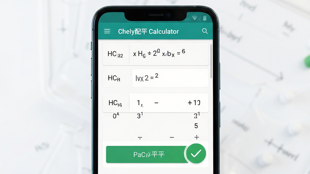 主体为一部安卓手机屏幕显示化学配平计算器应用界面,布局采用居中构图,屏幕内展示化学方程式配平输入框与结果区域,排版简洁清晰,风格为现代科技教育风,细节包括化学元素符号、数字下标、配平按钮、绿色对勾图标,画质高清,画面干净,无多余元素