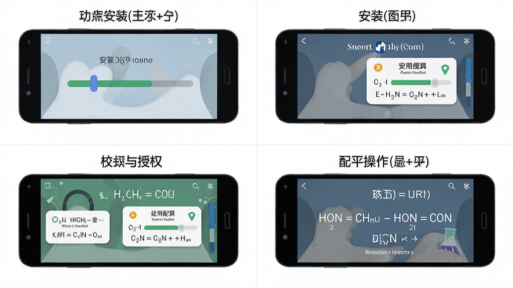 主体为化学配平计算器在安卓手机上的安装与使用流程示意图,布局采用四格分镜,分别展示下载、安装、授权、配平操作,排版清晰,风格为扁平化教程风,细节包括手机图标、进度条、权限弹窗、化学方程式,画质高清,画面干净,无多余元素