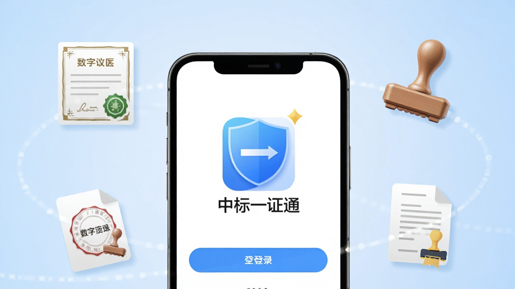 画面中央一部智能手机,屏幕上显示“中标一证通”应用图标与登录界面,界面简洁带有蓝色盾牌元素,手机周围环绕数字证书、印章、文件图标,背景为浅蓝色渐变商务风格,排版居中对称,细节清晰,画质干净,无多余元素,高清渲染