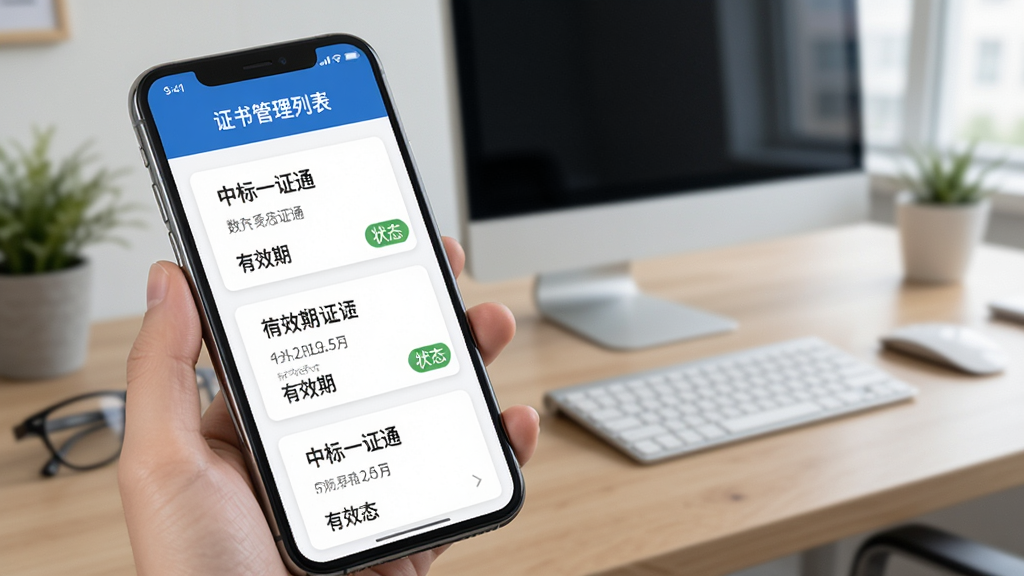 一部手机屏幕显示“中标一证通”证书管理列表,列表内有多张数字证书卡片,每张卡片标注有效期与状态标签,界面以蓝白配色为主,背景为虚化的办公桌与电脑,风格简洁商务,细节清晰,画质干净,无多余元素