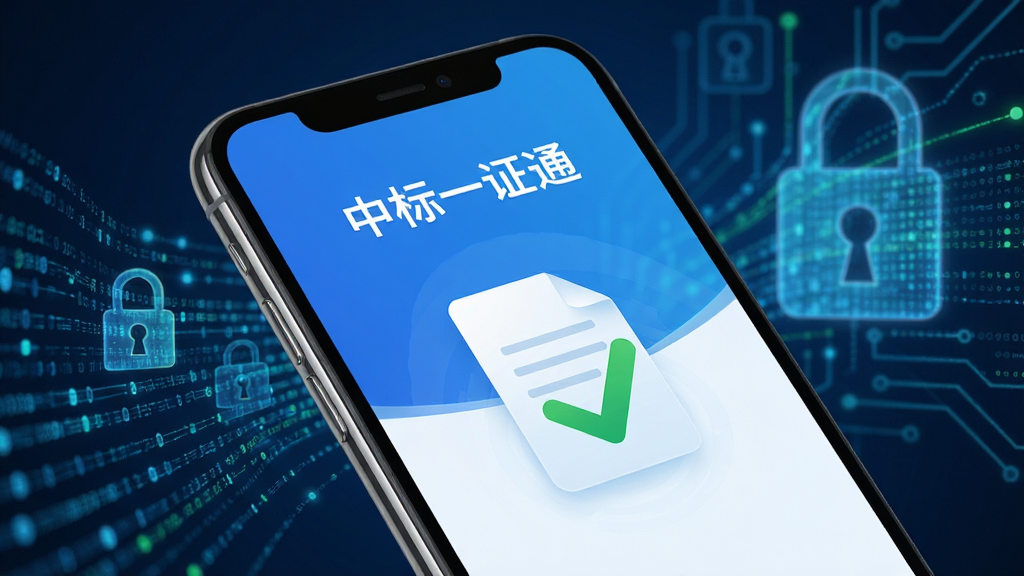 手机屏幕显示“中标一证通”标书解密成功界面,画面中有绿色对勾与文件图标,背景是抽象的数据流与锁形图案,风格科技感强,排版简洁,细节清晰,画质干净,无多余元素