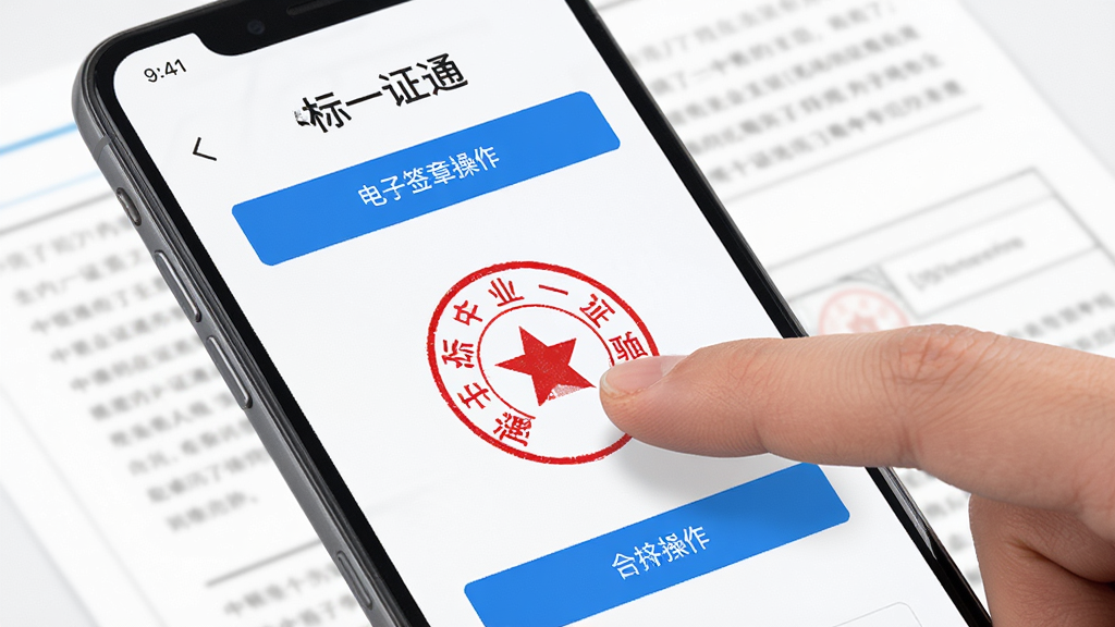 手机屏幕显示“中标一证通”电子签章操作界面,手指正在点击屏幕上的印章图案,印章为红色圆形企业公章样式,背景为白色文档与蓝色按钮,风格正式商务,细节清晰,画质干净,无多余元素