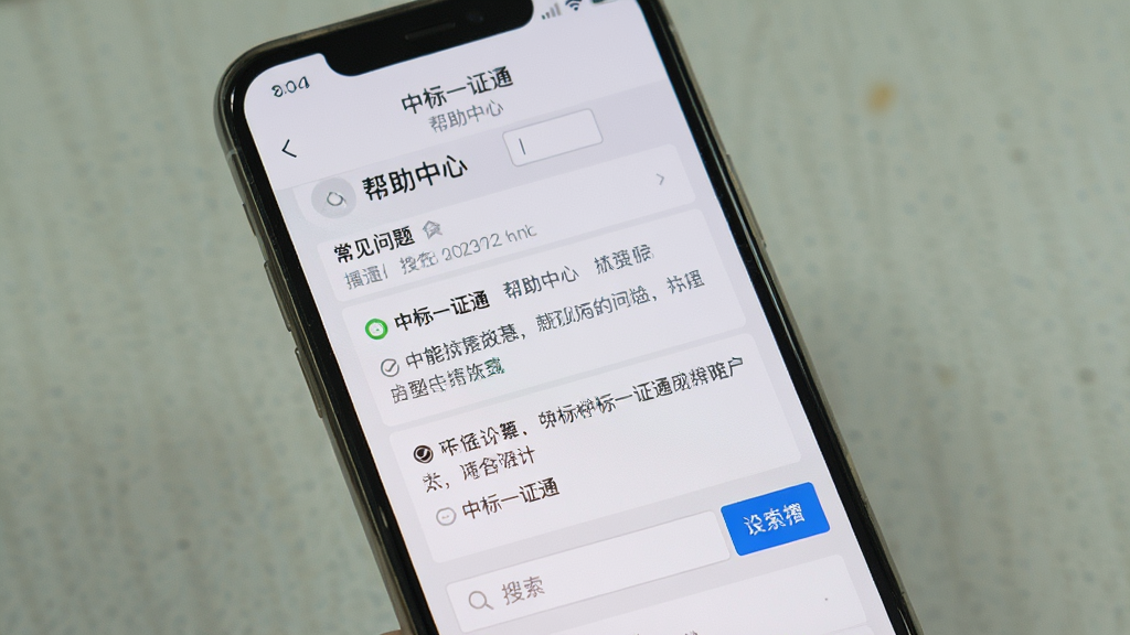 手机屏幕显示“中标一证通”帮助中心页面,页面内有常见问题列表与搜索框,背景为浅灰色,风格简洁实用,细节清晰,画质干净,无多余元素
