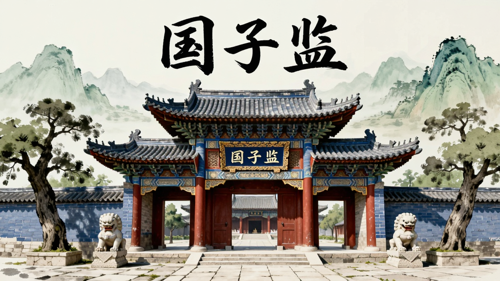 画面中央是一座庄严的古代学府建筑「国子监」牌坊,青砖灰瓦、红柱飞檐,门前有石狮与古槐,背景是淡雅的青绿山水色调,布局采用居中对称构图,上方留白处用毛笔字体书写「国子监」三个大字,风格为中国传统水墨与淡彩结合,细节包括屋檐斗拱、匾额纹样、地面青石板纹理,整体画质高清干净,无多余元素。