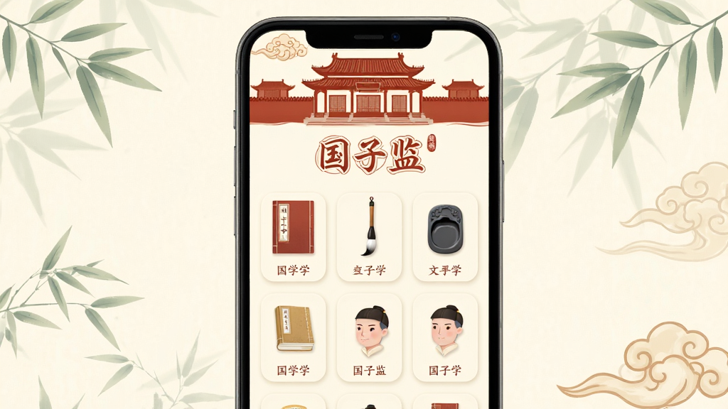 画面展示一部智能手机,屏幕中呈现「国子监」应用界面,界面以米白色与朱红色为主色调,上方是古典建筑剪影装饰,中间排列着国学书籍、毛笔、砚台等文创商品图标,布局采用手机居中展示,周围点缀淡雅的竹叶与祥云图案,风格为清新扁平化与国风插画结合,细节包括商品卡片圆角、图标线条细腻,画质高清干净,无多余元素。