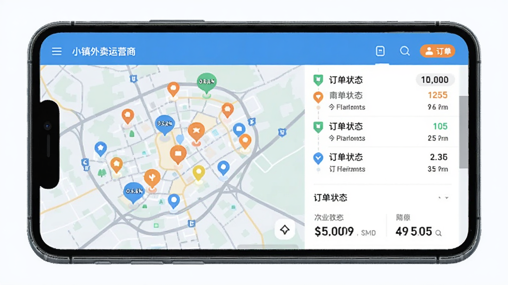 小镇外卖运营商端软件内的订单监控界面,手机屏幕显示一张小镇地图,地图上散布着多个彩色订单标记点,旁边有订单状态列表和统计数据,画面风格简洁明快,以蓝色和橙色为主色调,画质清晰,干净,无多余元素