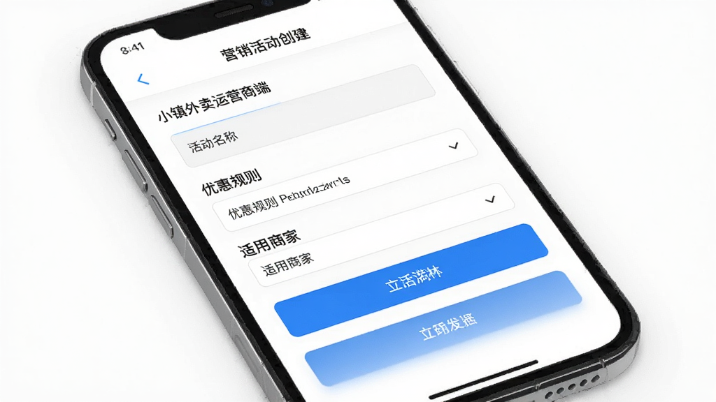 小镇外卖运营商端软件内的营销活动创建界面,手机屏幕显示满减活动设置表单,包含活动名称、优惠规则、适用商家等选项,界面设计简洁,按钮醒目,背景为白色,风格商务,画质干净,无多余元素