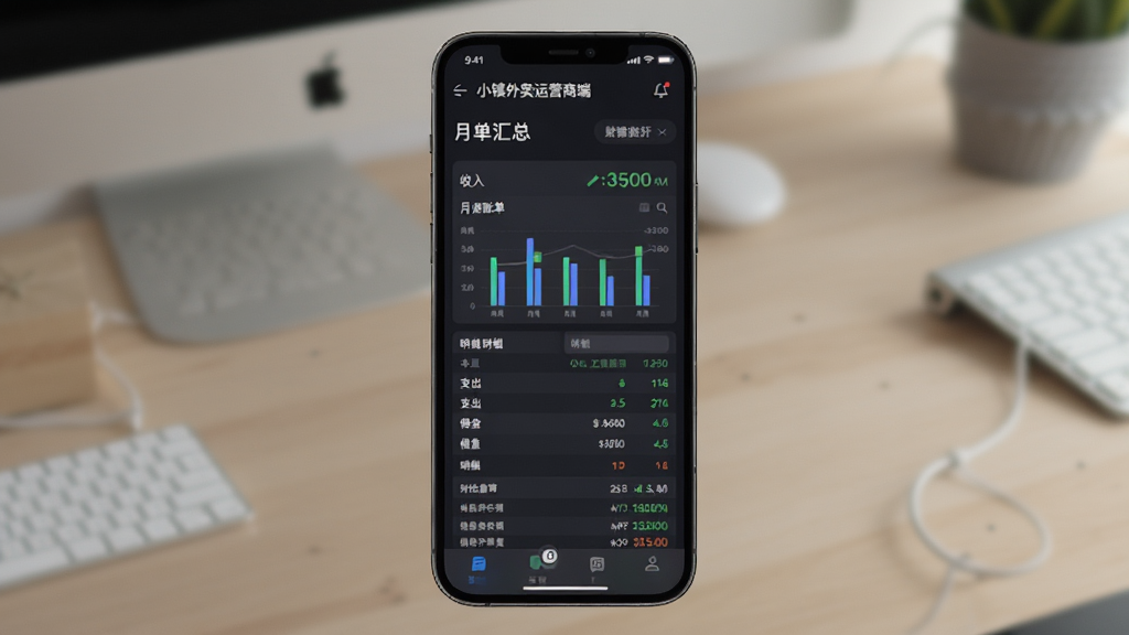 小镇外卖运营商端软件中的财务对账页面,手机屏幕显示月度账单汇总图表和明细列表,包含收入、支出、佣金等数据,界面采用深色背景配亮色数字,风格专业,画质清晰,干净,无多余元素