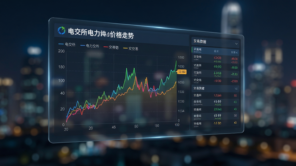 画面主体是一块悬浮的透明显示屏,屏幕上显示电交所的电力价格走势折线图和交易数据面板,图表色彩鲜明、数据清晰。屏幕后方是模糊的城市夜景灯光,整体风格为科技感数据可视化,细节丰富,画质高清,画面干净,无多余元素。