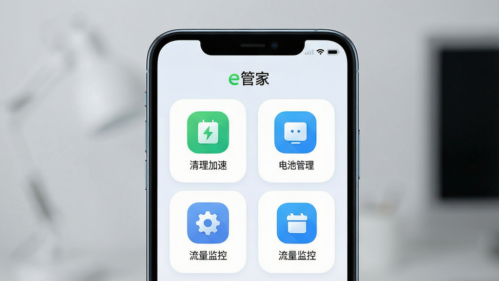 一张手机屏幕显示 e管家 应用主界面的预览图,画面中心为手机正视图,界面包含清理加速、电池管理、流量监控等功能图标,布局清晰整齐,风格简洁现代科技感,细节包含圆角图标和浅色背景,画质高清,干净,无多余元素