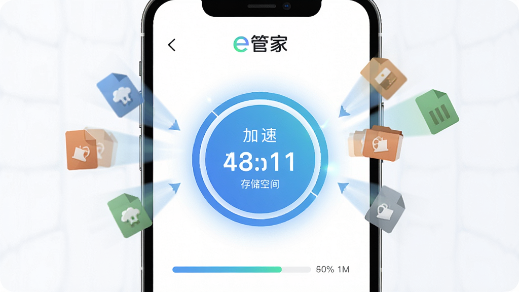一张展示 e管家 一键清理加速功能的界面截图风格图片,画面主体为手机屏幕,屏幕中央显示圆形加速按钮和释放的存储空间数字,周围环绕着垃圾文件图标被吸入的动效,布局简洁聚焦,风格扁平化科技风,细节包含进度条和光晕效果,画质高清,干净,无多余元素