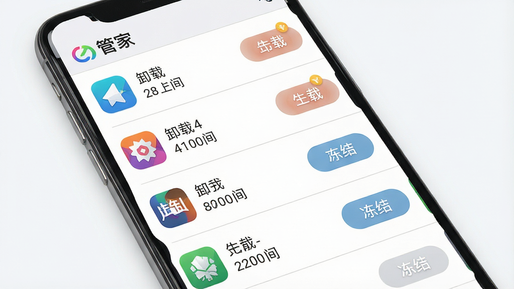 一张展示 e管家 应用管理列表界面的图片,画面主体为手机屏幕,屏幕内显示多个应用图标和对应的占用空间数值,带有卸载和冻结按钮,布局为纵向列表,风格简洁商务,细节包含彩色应用图标和灰色分割线,画质高清,干净,无多余元素